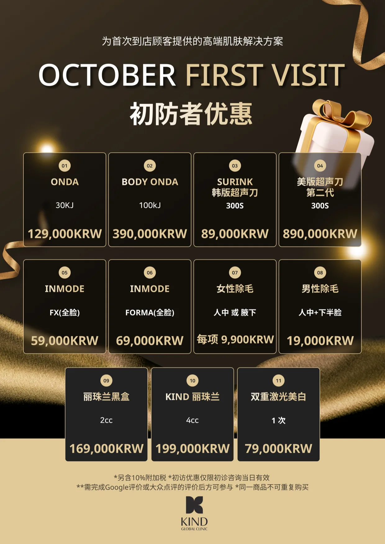 KIND Global Clinic 十月初訪者優惠 First Visit — Onda 30KJ 129,000KRW · Body Onda 100kJ 390,000KRW · Shurink韓版超聲刀 300發 89,000KRW · 美版超聲刀第二代 300發 890,000KRW · InMode FX 全臉 59,000KRW · InMode FORMA 全臉 69,000KRW · 女性除毛 人中或腋下 每項9,900KRW · 男性除毛 人中+下半臉 19,000KRW · 麗珠蘭黑盒 2cc 169,000KRW · KIND麗珠蘭 4cc 199,000KRW · 雙重雷射美白 1次 79,000KRW · 另含10%附加稅 · 初訪優惠僅限初診諮詢當日有效